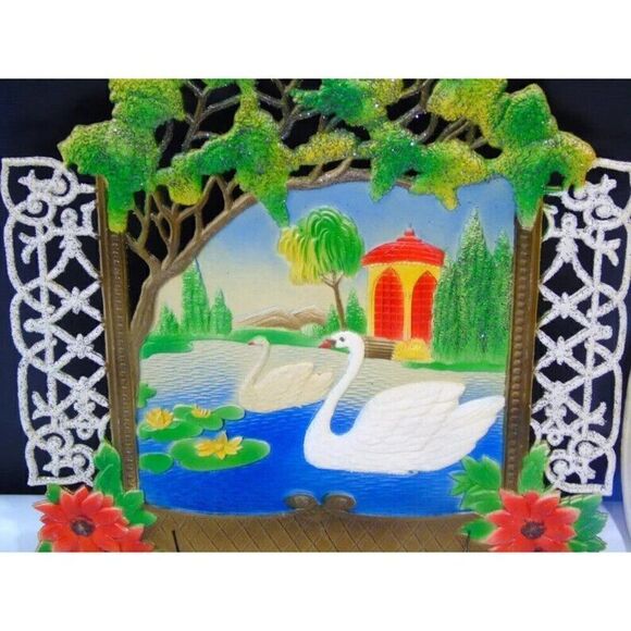 Swan Pond Vintage Wall Art Western Germany Die Cut 1950s Gift Calendar Topper - Picture 3 of 9